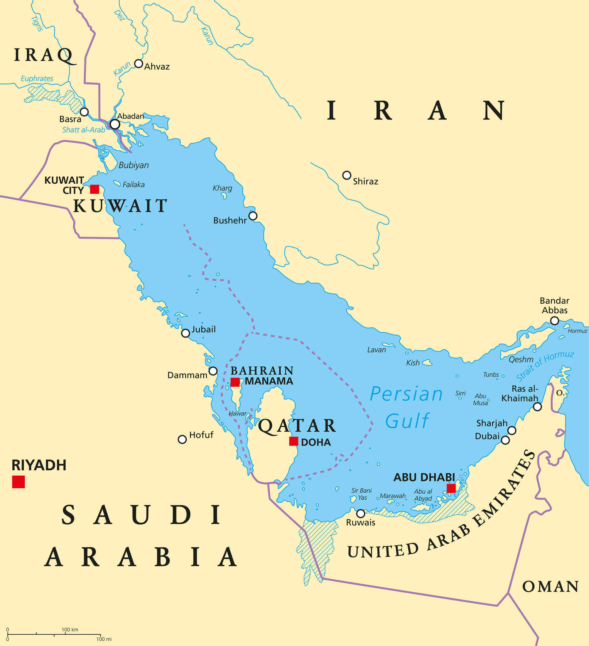 Gulf Region Countries Political Map with Qatar
